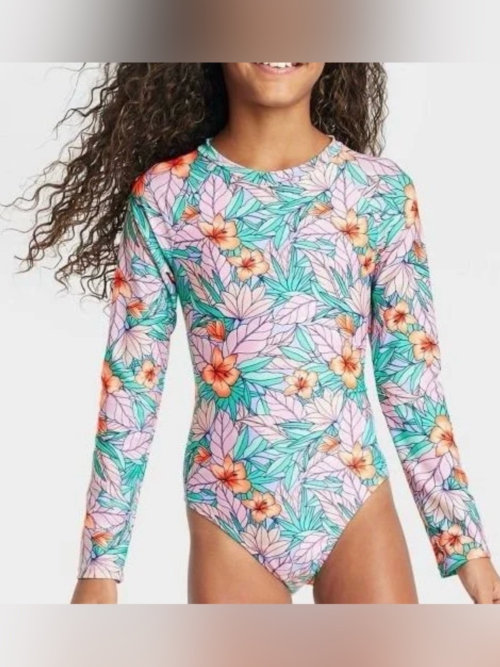 Girls' Long-Sleeve Floral One Piece Rashguard Swimsuit (Size: L)